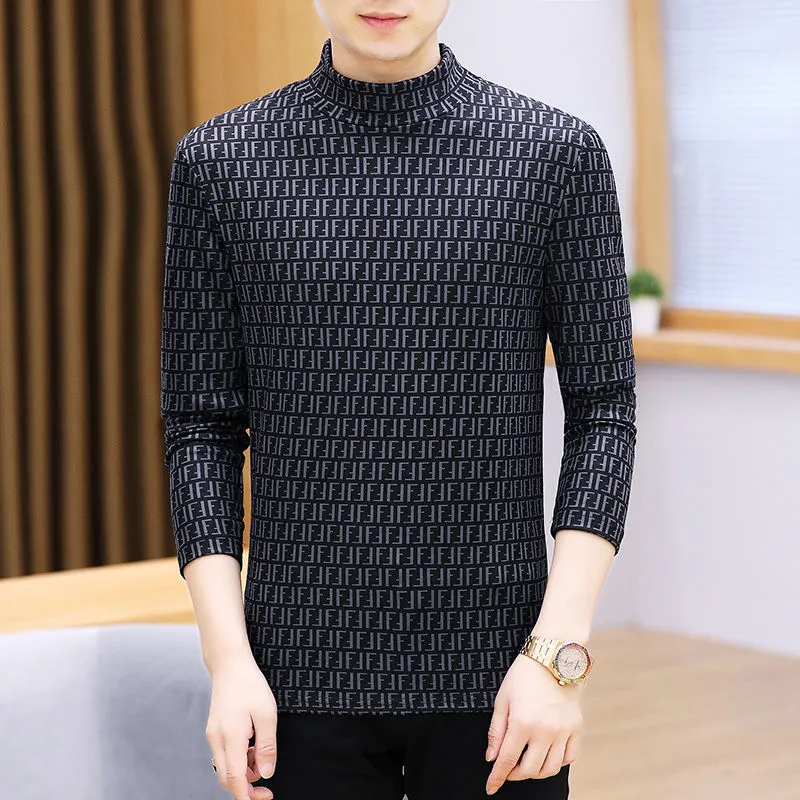 F Slim Trend Print Half Turtleneck Versatile Bottoming Shirt