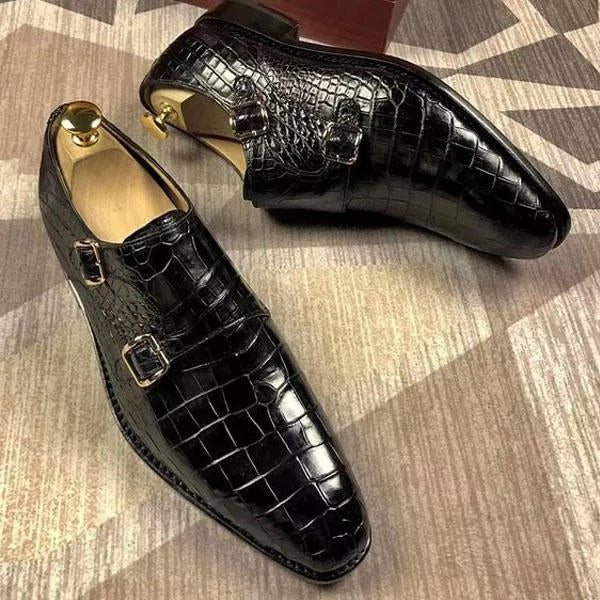 Double-buckle leather monk shoes