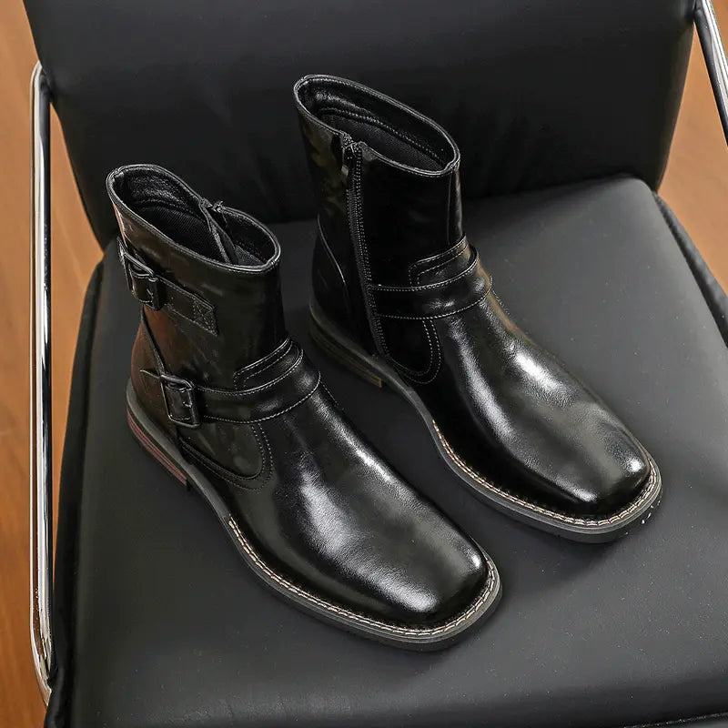 Men's Western Style Retro Ankle Boots – Buckle Detail & Embossed Leather Look